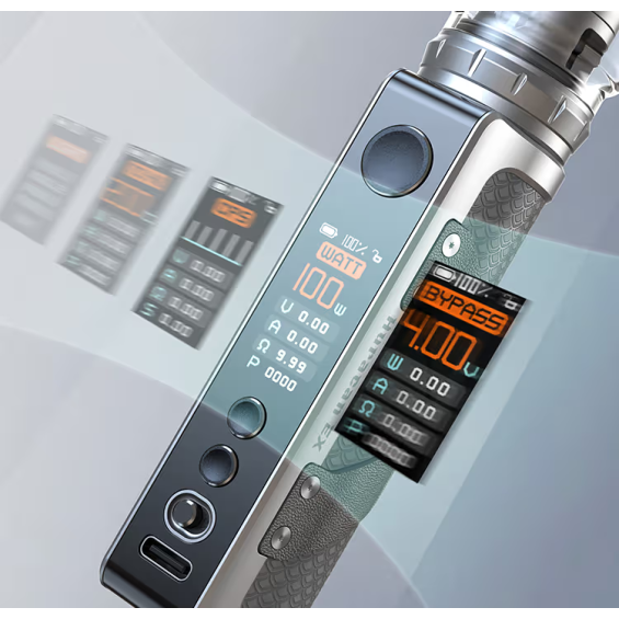 Aspire Huracan EX Pod Mod gümüş gövde, dijital ekran ve ayar menüsü.