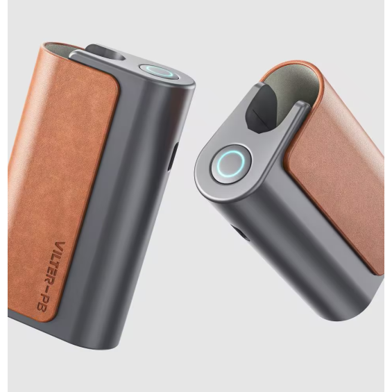 Aspire Vilter Power Bank kahverengi deri detaylı, şık gri taşınabilir şarj cihazı