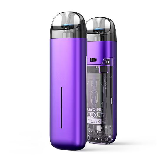 Aspire Flexus Peak mor elektronik sigara, şeffaf pod detaylı.
