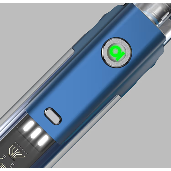 Mavi Aspire Flexus AIO Pod Mod yakın çekim, batarya göstergeli.