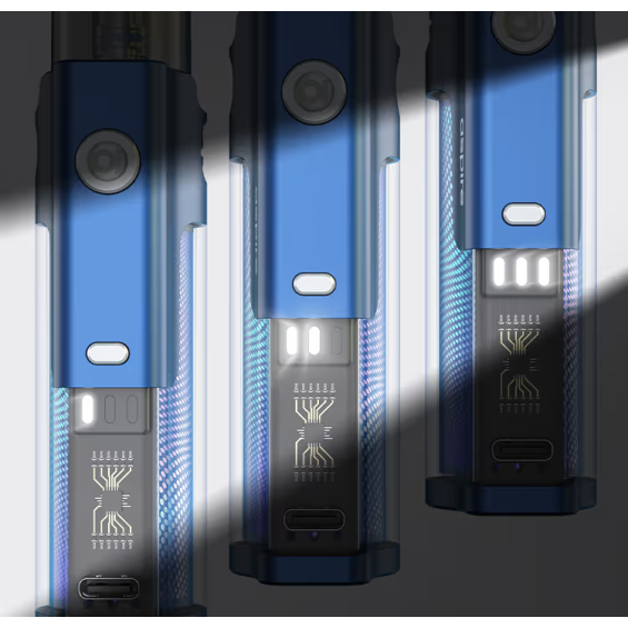 Aspire Flexus AIO Pod Mod mavi renkli detaylı şarj göstergeli yakın çekim.