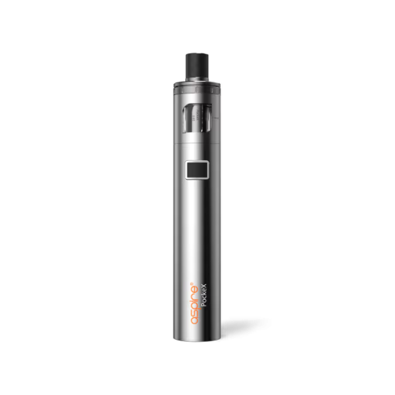 Aspire PockeX Pod Mod gümüş renkli, kompakt elektronik sigara cihazı.