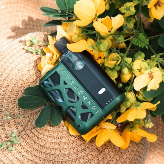 SXmini PureMax Q Pod Mod yeşil renkli, şık tasarım, sarı çiçekli arka plan.