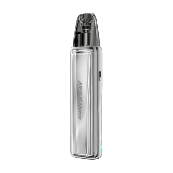 Voopoo Argus Matrix Pod Mod gümüş renkli, şık ve kompakt elektronik sigara.