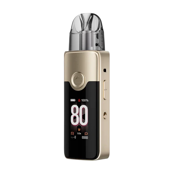 Voopoo Vinci E80 Pod Mod altın renkli, ekranlı elektronik sigara cihazı.