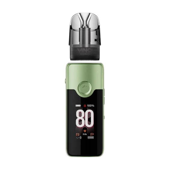 Voopoo Vinci E80 Pod Mod yeşil renk, dijital ekranlı, kompakt elektronik sigara.