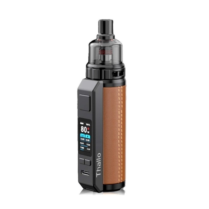 Smok Thallo S Pod Mod, kahverengi deri kaplama, dijital ekranlı elektronik sigara.