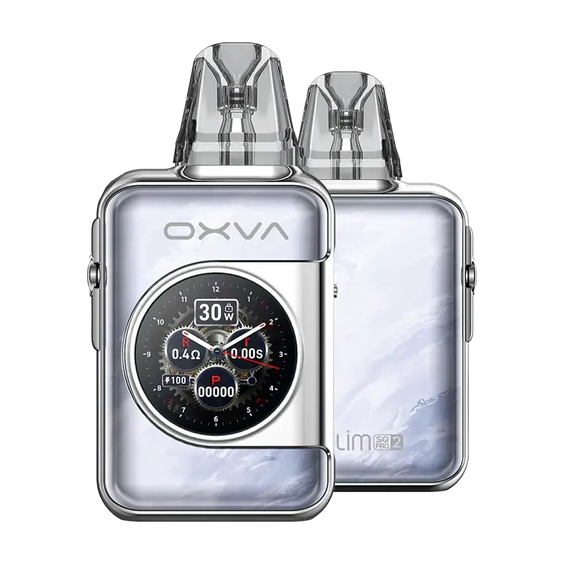 OXVA Xlim SQ Pro Pod Mod gümüş renkli, saat ekranlı, şık elektronik sigara.