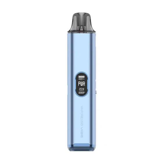 Vaporesso Vibe Pod Mod açık mavi, kompakt, 20W ekranlı elektronik sigara.
