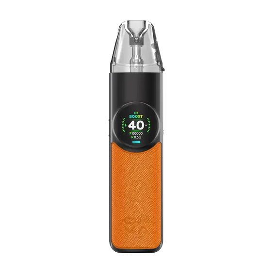 OXVA NeXlim Pod Mod turuncu deri kaplama, dijital ekranlı elektronik sigara.
