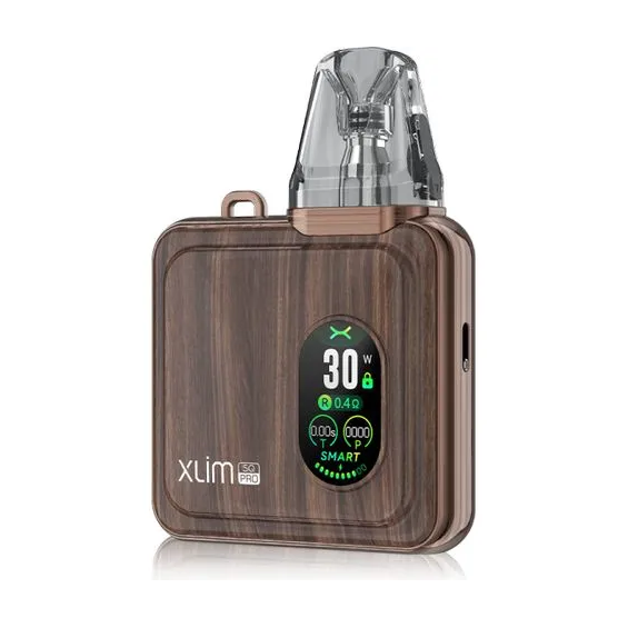 OXVA Xlim SQ Pro Pod Mod kahverengi ahşap görünümlü, dijital ekranlı.