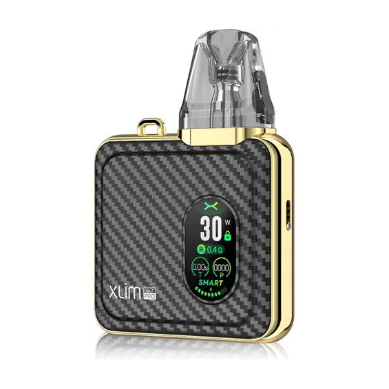 OXVA Xlim SQ Pro Pod Mod karbon fiber altın kaplama, dijital ekranlı.