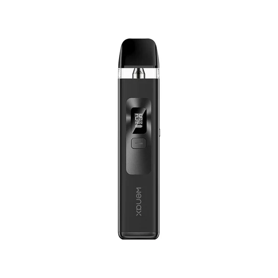 Siyah GeekVape Wenax Q Pod Mod, dijital ekranlı, kompakt elektronik sigara.
