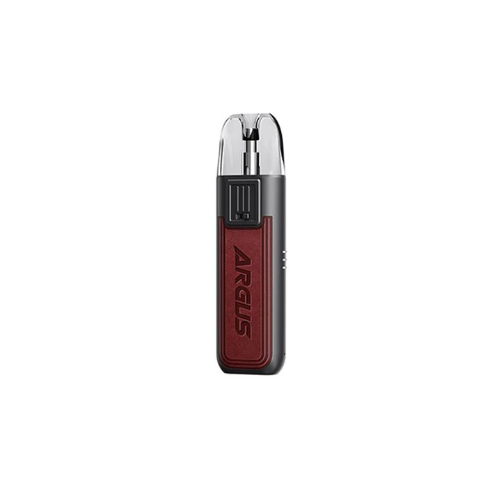 Voopoo Argus SE Pod Mod, gri gövde ve bordo deri kaplama, kompakt.