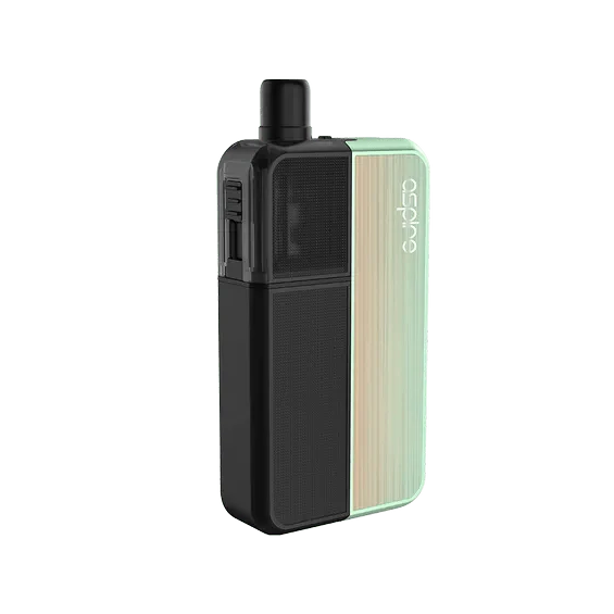 Aspire Flexus Blok Pod Mod, siyah ve yeşilimsi panelli kompakt elektronik sigara.