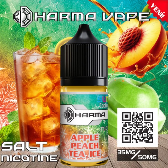 Dharma Apple Peach Tea Ice Salt Likit, buzlu çay, şeftali ve yeşil elma aromalı.
