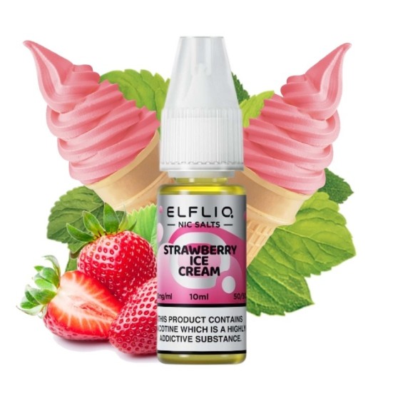 Elfliq Strawberry Ice Cream Salt Likit 10ml, çilek ve nane detaylı.