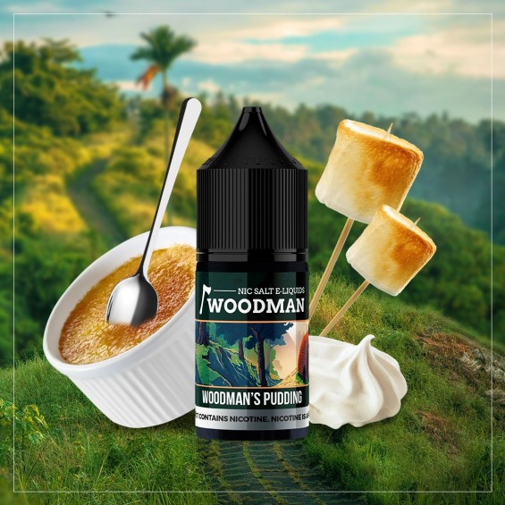 Woodman Pudding Salt Likit şişesi, puding ve kızarmış marshmallow görselleri.