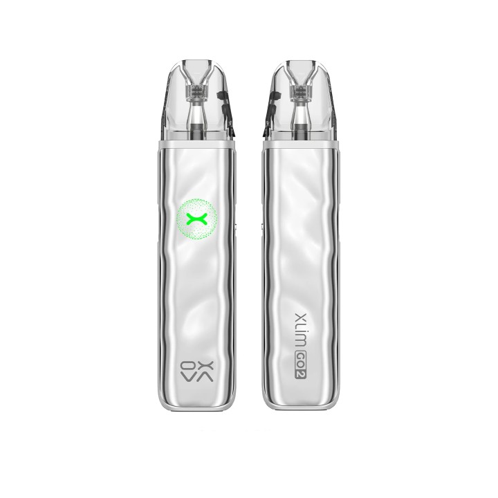 Oxva Xlim Go 2 Pod Mod gümüş renkli, dalgalı gövde, şeffaf kartuş.