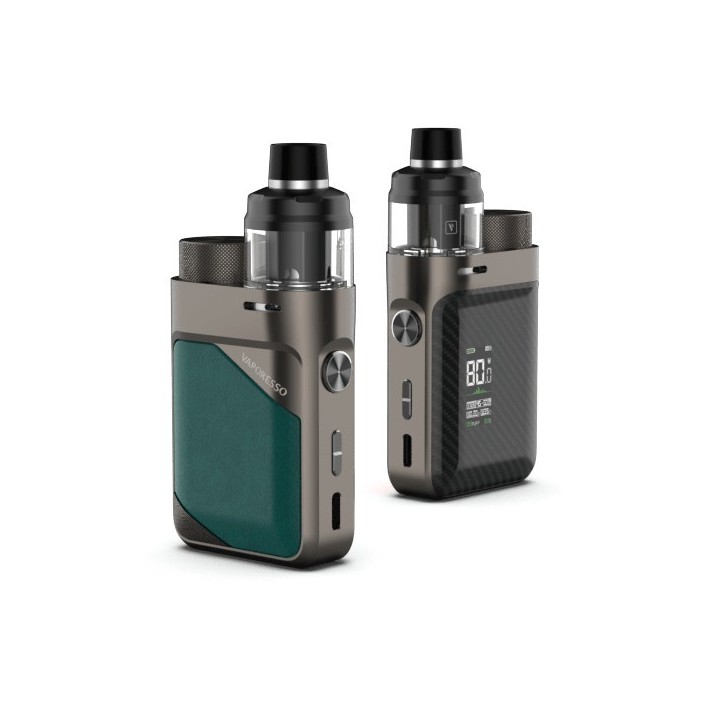 Vaporesso Swag PX80 Pod Mod yeşil ve karbon gri renk seçenekleri.