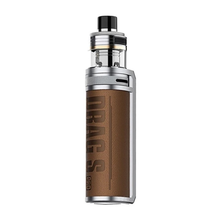 Voopoo Drag S Pro Pod Mod kahverengi deri kaplama, gümüş detaylı elektronik sigara.
