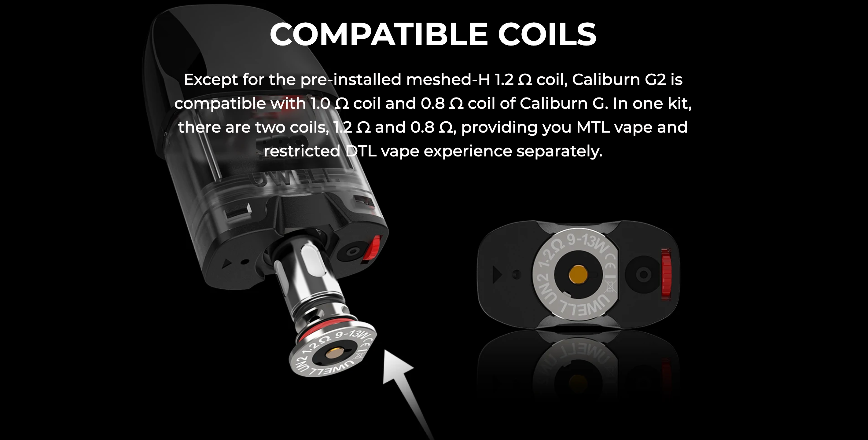 Uwell Caliburn G2 uyumlu bobinler (coils) ve kartuş detayı.