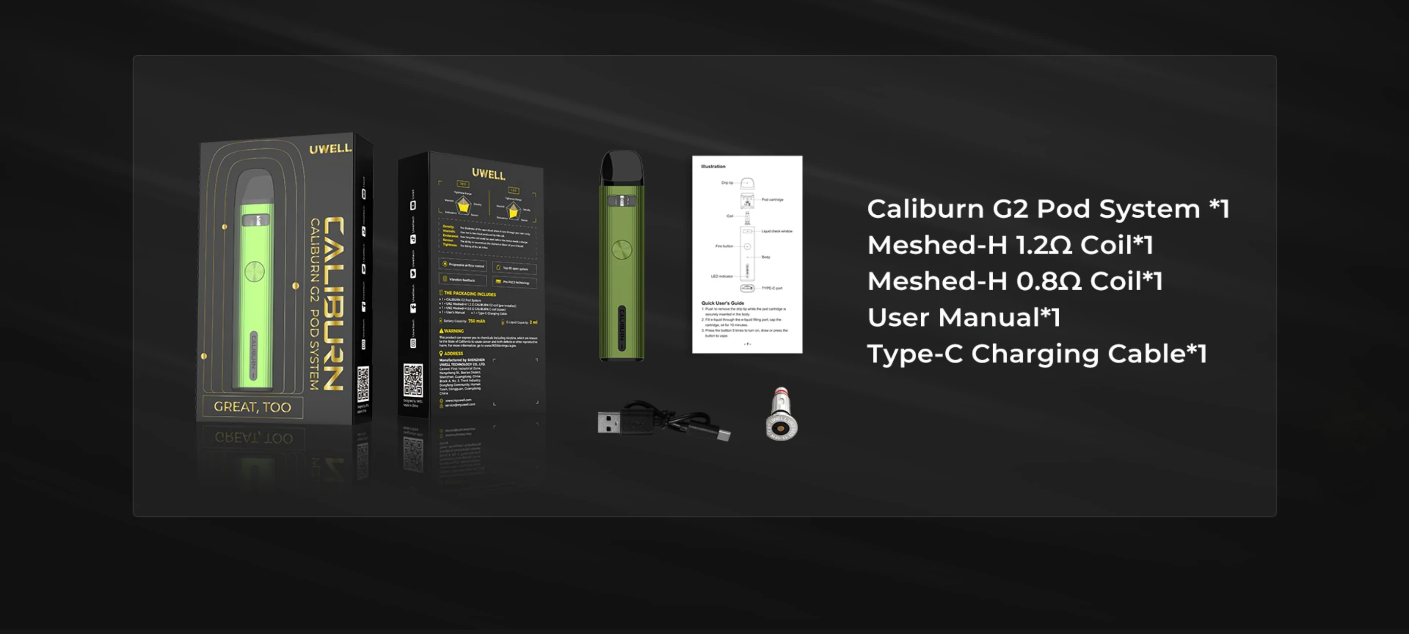Uwell Caliburn G2 Pod Mod Kutu İçeriği ve Aksesuarları