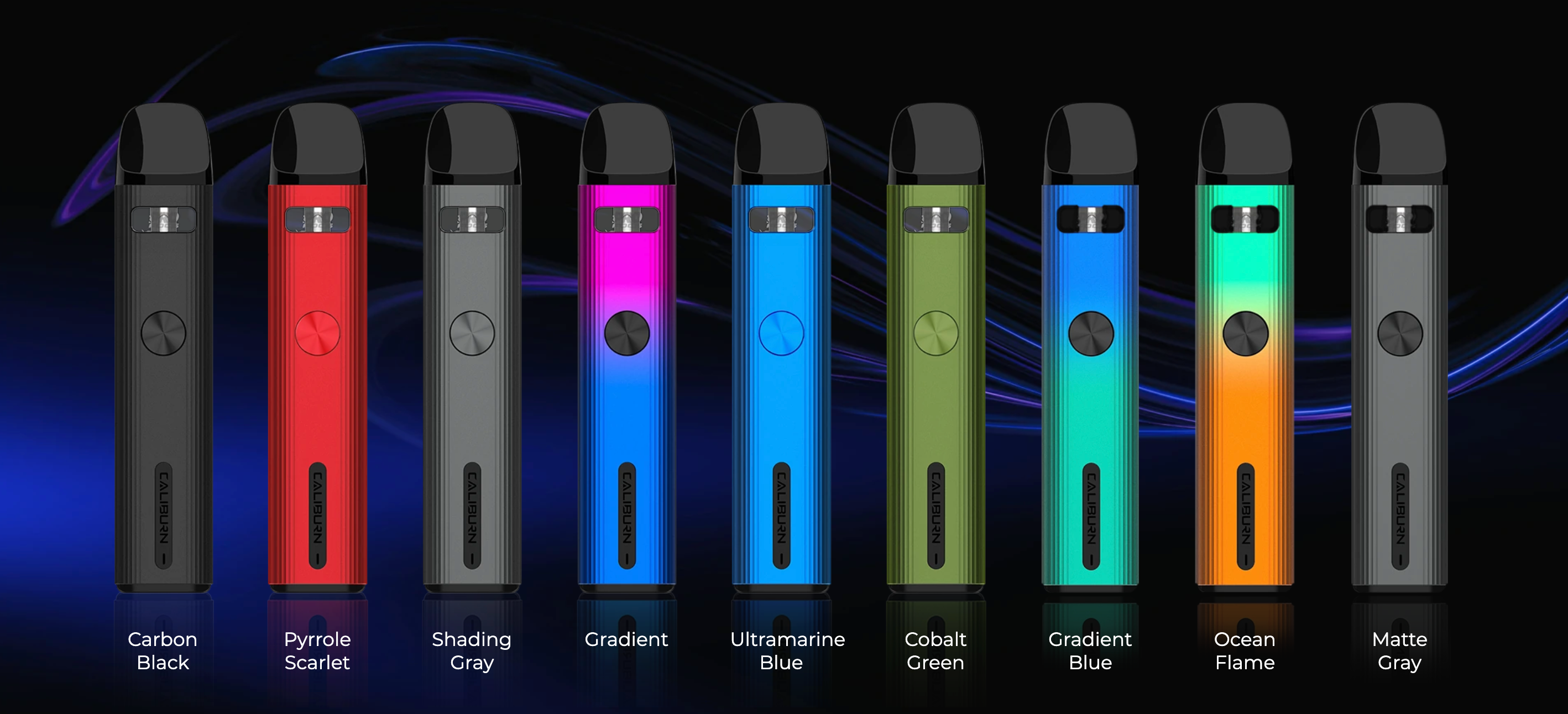Uwell Caliburn G2 Pod Mod renk seçenekleri (Carbon Black, Scarlet, Gri, Mavi vb.)