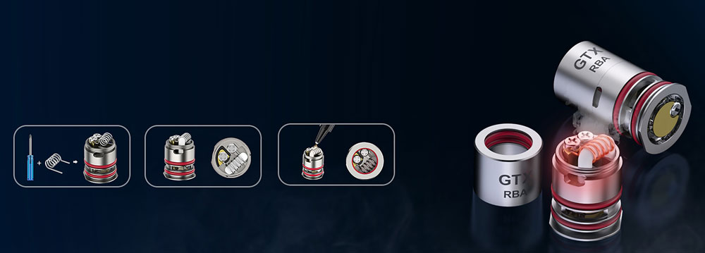 Vaporesso GTX RBA Coil kurulum aşamaları ve yedek parça gösterimi.