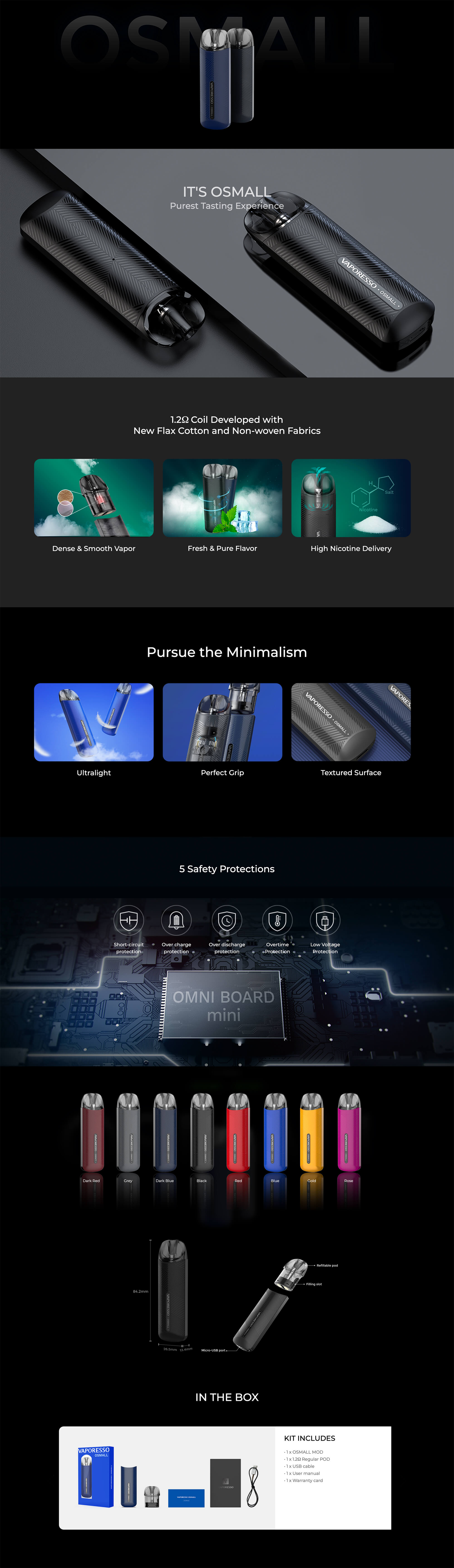 Vaporesso Osmall Pod Mod renk seçenekleri ve kutu içeriği görselleri.