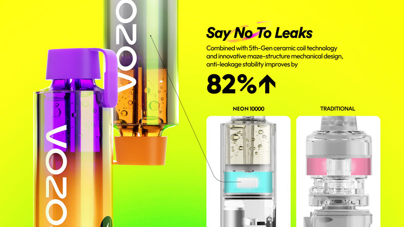 Vozol Neon 10000 sızdırmazlık teknolojisi ve seramik coil detayları.